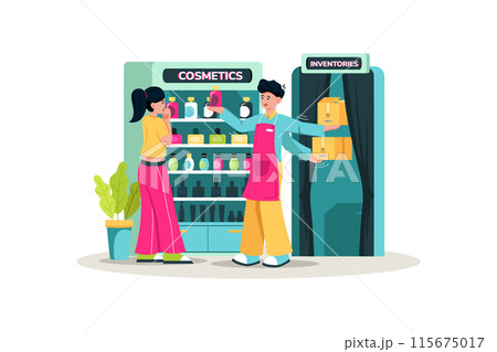 Retail associate assisting multiple customers while maintaining store inventory. 115675017