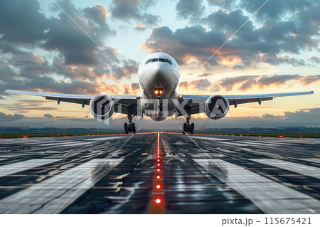 Airplane facing camera with cloudy sky Airplane facing camera with cloudy sky 115675421