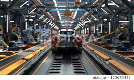 Modern car being assembled on a production line Modern car being assembled on a production line 115675435