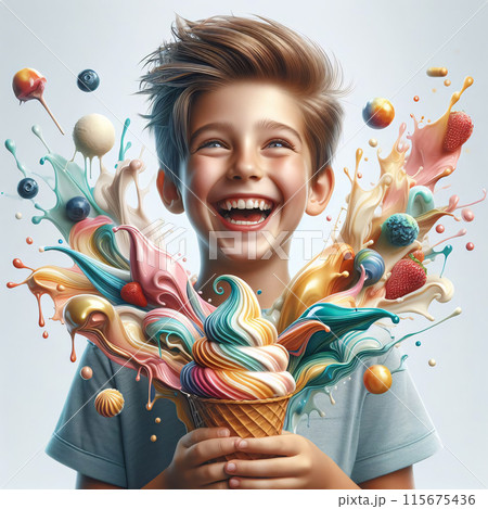 A young boy is holding an ice cream cone with a big smile on his face 115675436
