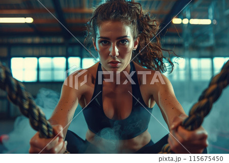 Intense woman training with ropes Intense woman training with ropes 115675450