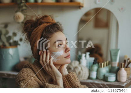 Facial skin care. Young girl at home smeared her face with nourishing cream 115675464