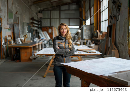 A woman stands in front of a table with a large sheet of paper on it A woman stands in front of a table with a large sheet of paper on it 115675468