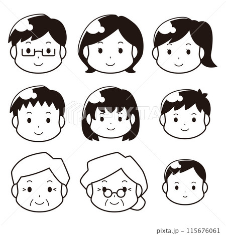 家族の顔のアイコンセット(白黒) 家族の顔のアイコンセット(白黒) 115676061