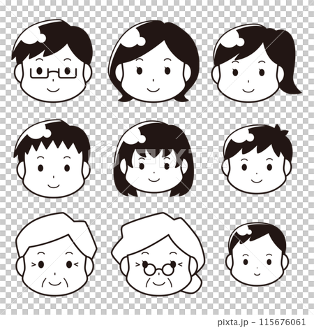 家族の顔のアイコンセット(白黒) 家族の顔のアイコンセット(白黒) 115676061