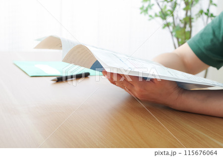 パンフレットを見て保険契約を検討する女性 115676064