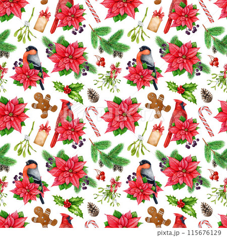 Winter time festive seamless pattern. Vintage style illustration. Hand drawn traditional Christmas decorations, treats, birds, pine, mistletoe seamless pattern. Winter season traditional decoration 115676129