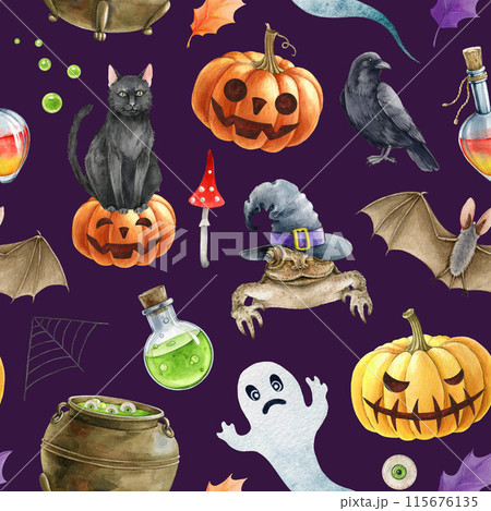 Halloween scary decor elements seamless pattern. Watercolor illustration. Hand drawn pumpkins, black cat, ghost, bat, crow elements on dark background. Halloween spooky decorative seamless pattern Halloween scary decor elements seamless pattern. Watercolor illustration. Hand drawn pumpkins, black cat, ghost, bat, crow elements on dark background. Halloween spooky decorative seamless pattern 115676135