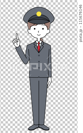 Pointing, uniformed driver, young woman, full body illustration 115676146