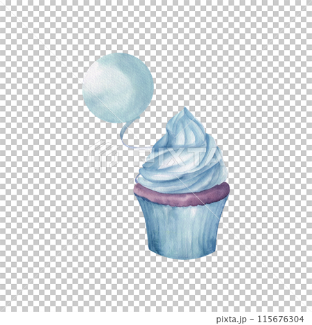 Birthday cupcake with balloon watercolor composition. Hand drawn sweet cake for kid celebration, invitation design, card, packing decor. Pastel blue monochrome 115676304