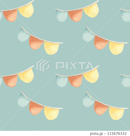 Birthday child colorful flag garland seamless pattern on green. Kids party celebration in boho style, baby room, wedding decor. Wrapping paper, gift box decoration. Pastel green color Birthday child colorful flag garland seamless pattern on green. Kids party celebration in boho style, baby room, wedding decor. Wrapping paper, gift box decoration. Pastel green color 115676332