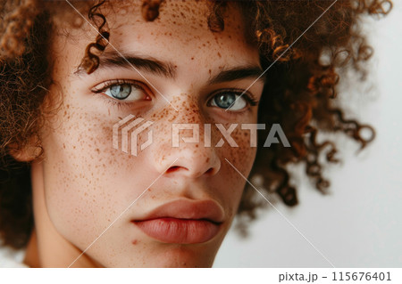 Close-up of a young curly-haired individual 115676401