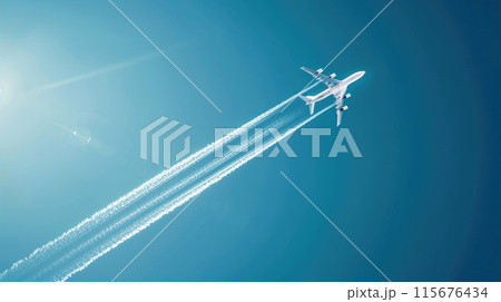 Airplane flying high leaving contrails Airplane flying high leaving contrails 115676434