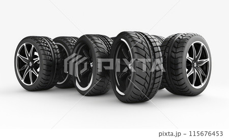 Set of five car tires on white background 115676453