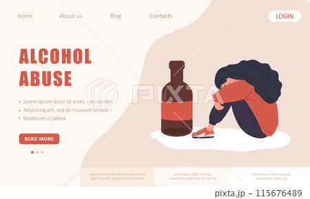 Alcohol abuse. Landing page template. Depressed woman sitting on floor and hugging her knees. Alcoholic mother. Vector illustration in flat cartoon style Alcohol abuse. Landing page template. Depressed woman sitting on floor and hugging her knees. Alcoholic mother. Vector illustration in flat cartoon style 115676489