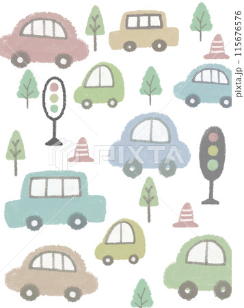 クレヨンで描いた車と木と信号の手書きイラスト 115676576
