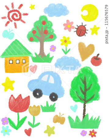 子供が書いた風の家と車と木のかわいいイラスト 子供が書いた風の家と車と木のかわいいイラスト 115676579