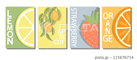 Fruit label set, price tags fruit poster banner template background in bright minimalistic style. Fruit label set, price tags fruit poster banner template background in bright minimalistic style. 115676714