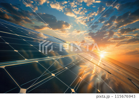 Solar panels with sunrise and cloud sky Solar panels with sunrise and cloud sky 115676943