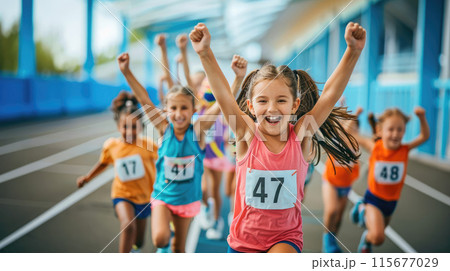 Group of kids enjoying a running race 115677029