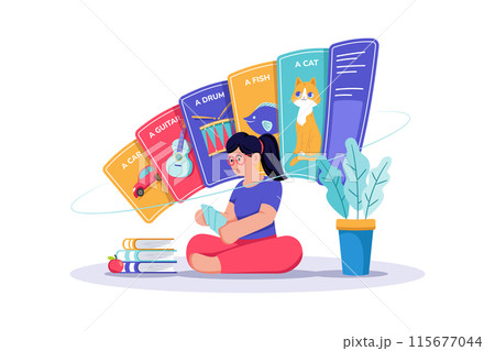 A student uses flashcards to memorize vocabulary words. 115677044