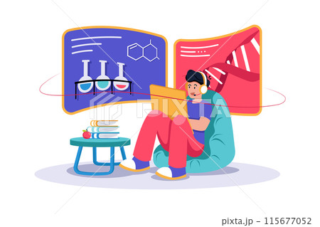A student watches an educational video for a science class. 115677052