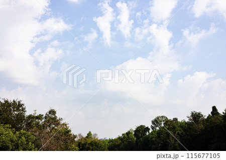 Pretty huge white clouds in the blue sky background. 115677105