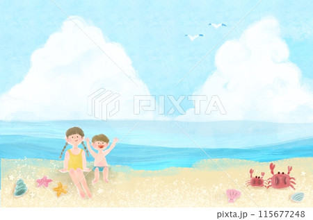 入道雲と海をバックにして砂浜に座っている子供達のイラスト素材
