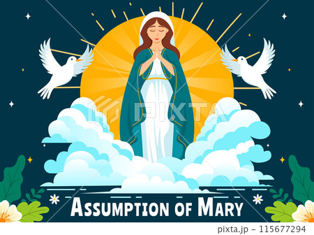 Assumption of Mary Christian Vector Illustration Featuring the Feast of the Blessed Virgin with Doves and Angels in Heaven in a Flat Background 115677294