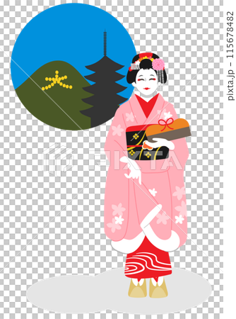 京都の舞妓さんと五重塔と大文字焼きの背景 115678482