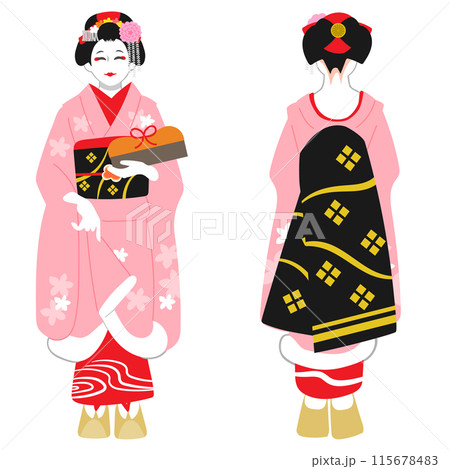 京都の舞妓さんの正面と後ろ姿 115678483