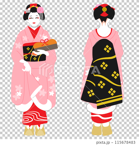 京都の舞妓さんの正面と後ろ姿 115678483