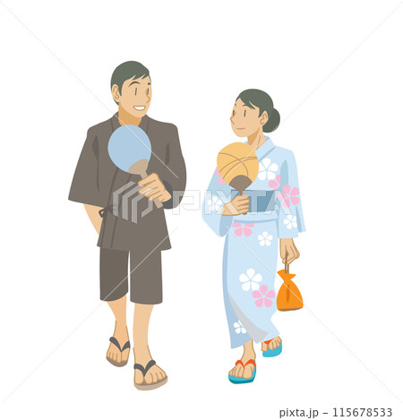 浴衣を着て歩くカップルのイラスト 115678533
