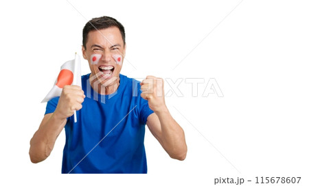 Man cheering for Japan screaming and waving a national flag Man cheering for Japan screaming and waving a national flag 115678607