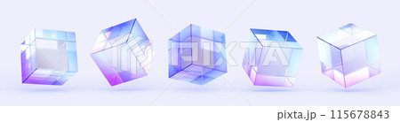 3d set of crystal light holographic glass cube render icons. Abstract geometric transparent block shapes with hologram gradient and dispersion effect. Isolated glossy square objects. 3D illustration 3d set of crystal light holographic glass cube render icons. Abstract geometric transparent block shapes with hologram gradient and dispersion effect. Isolated glossy square objects. 3D illustration 115678843