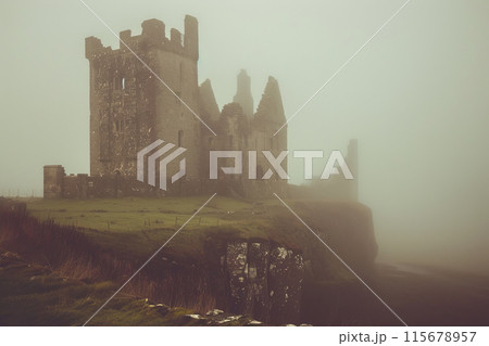 A castle is shown in a foggy, misty atmosphere A castle is shown in a foggy, misty atmosphere 115678957