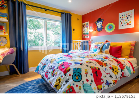 A cartoonish bedroom with a bedspread featuring cartoon characters A cartoonish bedroom with a bedspread featuring cartoon characters 115679153