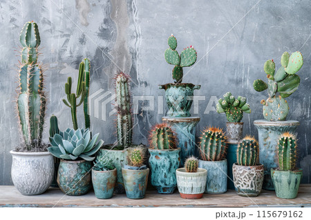 A row of potted cacti and succulents in various sizes and colors 115679162