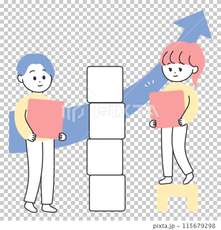 Illustration of a man and woman stacking building blocks Illustration of a man and woman stacking building blocks 115679298