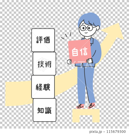 Illustration of a man in a suit stacking building blocks of web evaluation, skill, experience, knowledge, and confidence Illustration of a man in a suit stacking building blocks of web evaluation, skill, experience, knowledge, and confidence 115679300