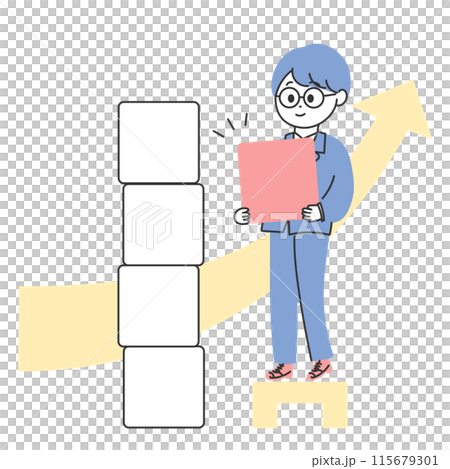 Illustration of a man in a suit stacking building blocks 115679301