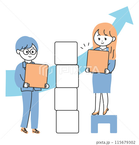 積み木を積み上げる男性・女性のイラスト 積み木を積み上げる男性・女性のイラスト 115679302