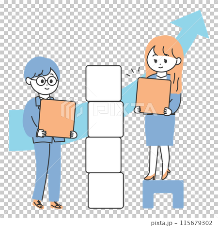 Illustration of a man and woman stacking building blocks 115679302