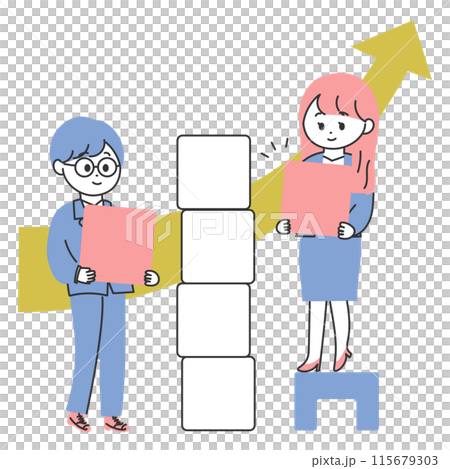 Illustration of a man and woman stacking building blocks Illustration of a man and woman stacking building blocks 115679303