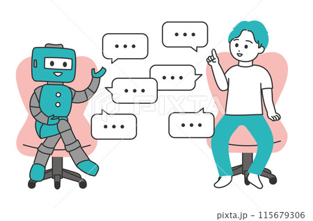 椅子に座ってロボットと会話する若い男性のイラスト 115679306