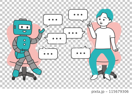 椅子に座ってロボットと会話する若い男性のイラスト 115679306