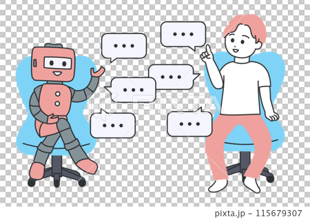 Illustration of a young man conversing with a robot Illustration of a young man conversing with a robot 115679307