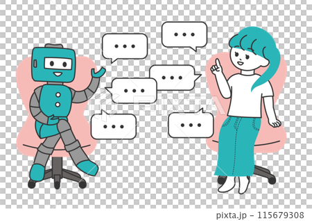 Illustration of a young woman conversing with a robot Illustration of a young woman conversing with a robot 115679308