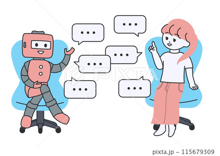 椅子に座ってロボットと会話する若い女性のイラスト 115679309