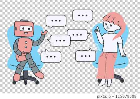 椅子に座ってロボットと会話する若い女性のイラスト 115679309